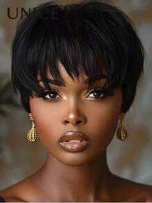 UNice Short Pixie Cut Bob Wig 100% Human Hair Wigs With Bangs Full Machine Made Layered Wavy Wigs For Women Natural Black - Natural Black - View 2