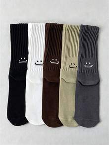 3/5 Pairs Men's Simple Cute Smiling Face Jacquard Mid-Calf Socks, Solid Color Vertical Stripe Casual Socks For Daily Commute And Slouchy Wear - Multicolor - View 4