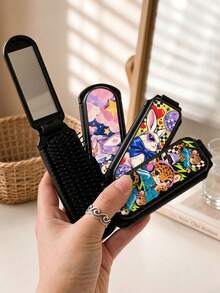 1PC Cute Compact Folding Hair Brush With Built-In Mirror, Kawaii Cartoon Dog Cat Bear Rabbit Print Mini Pocket Detangling Comb, Soft Bristle Travel Hairbrush For Women, Y2K Purse On The Go Hair Styling Accessory Gift - Multicolor - View 10