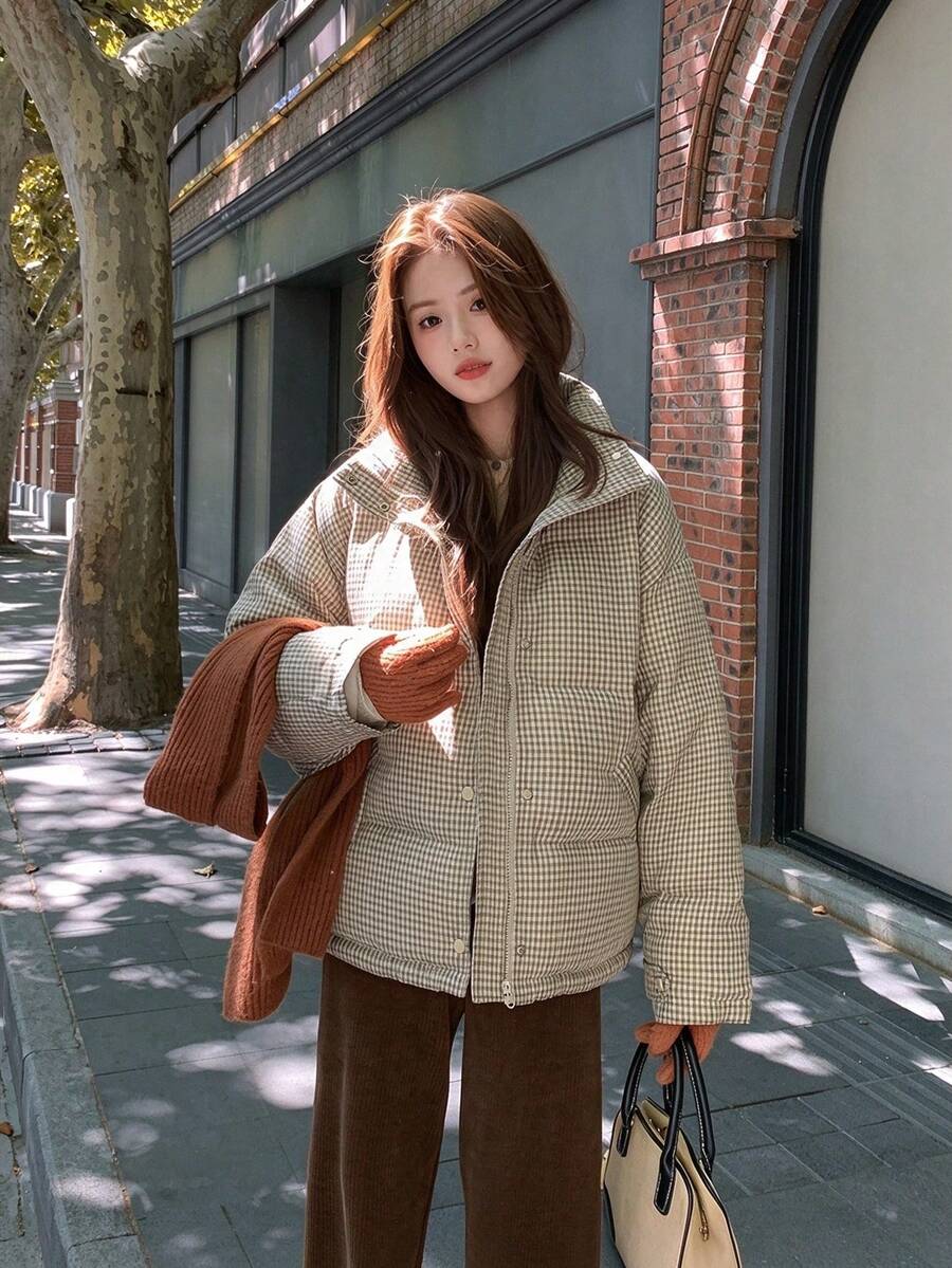 Korean Style Plaid Stand Collar Padded Coat, Premium Loose Fit Versatile Winter Warm Padded Coat - Multicolor - View 1