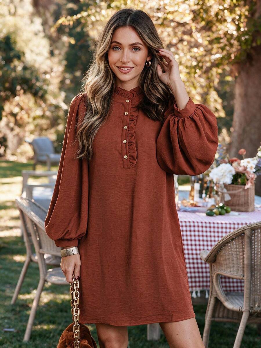 Acelitt Spring/Autumn Women's Solid Color Ruffle Collar Mini Dress, Loose Long Lantern Sleeve Crinkled Woven Straight Skirt, Suitable For Daily Wear, Dating, Vacation And Party - Coffee - View 1