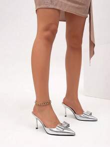 Metallic Silver Bow Pointed Mules, Backless Slip On Stiletto Heels, Women Evening Wedding High Heel Sandals - Silver - View 5