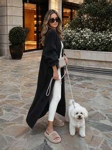 Women's Casual Long Sleeve Knit Cardigan, Daily Commute, College Style - Black - View 5