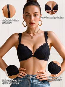 1pc Black Delicate Lace Front Closure Underwire Push-Up Bra, Suitable For Daily Wear And Dating - Black - View 7