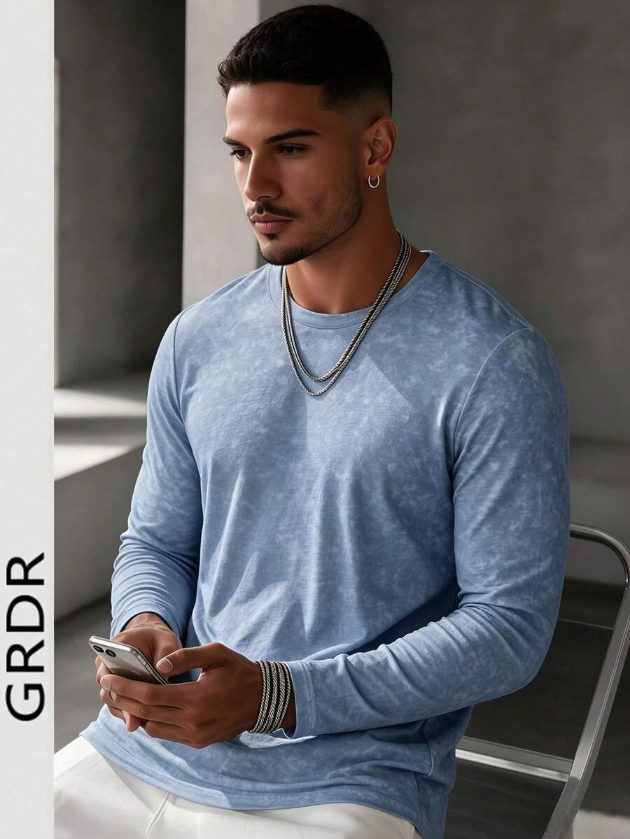 GRDR Men's Crew Neck Simple Comfortable Versatile Long Sleeve T-Shirt Top - Dusty Blue - View 1