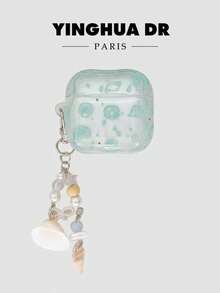 YINGHUA DR Fresh Shell Ocean Style Apple Bluetooth Earphone Case, Compatible With Apple 1st, 2nd, 3rd Generation Wireless Bluetooth Earphones, Wave Transparent Soft Shell Lightweight And Clear, Shell Body Printed With Light Blue Shell And Conch Line Pattern. Paired With Pearl And Natural Shell Beaded Chain, Full Of Summer Beach Vibes, Equipped With Metal Hook For Convenient Bag Carrying, Gentle And Healing, Balancing Earphone Protection And Fresh Outfit Decoration - Baby Blue - View 1