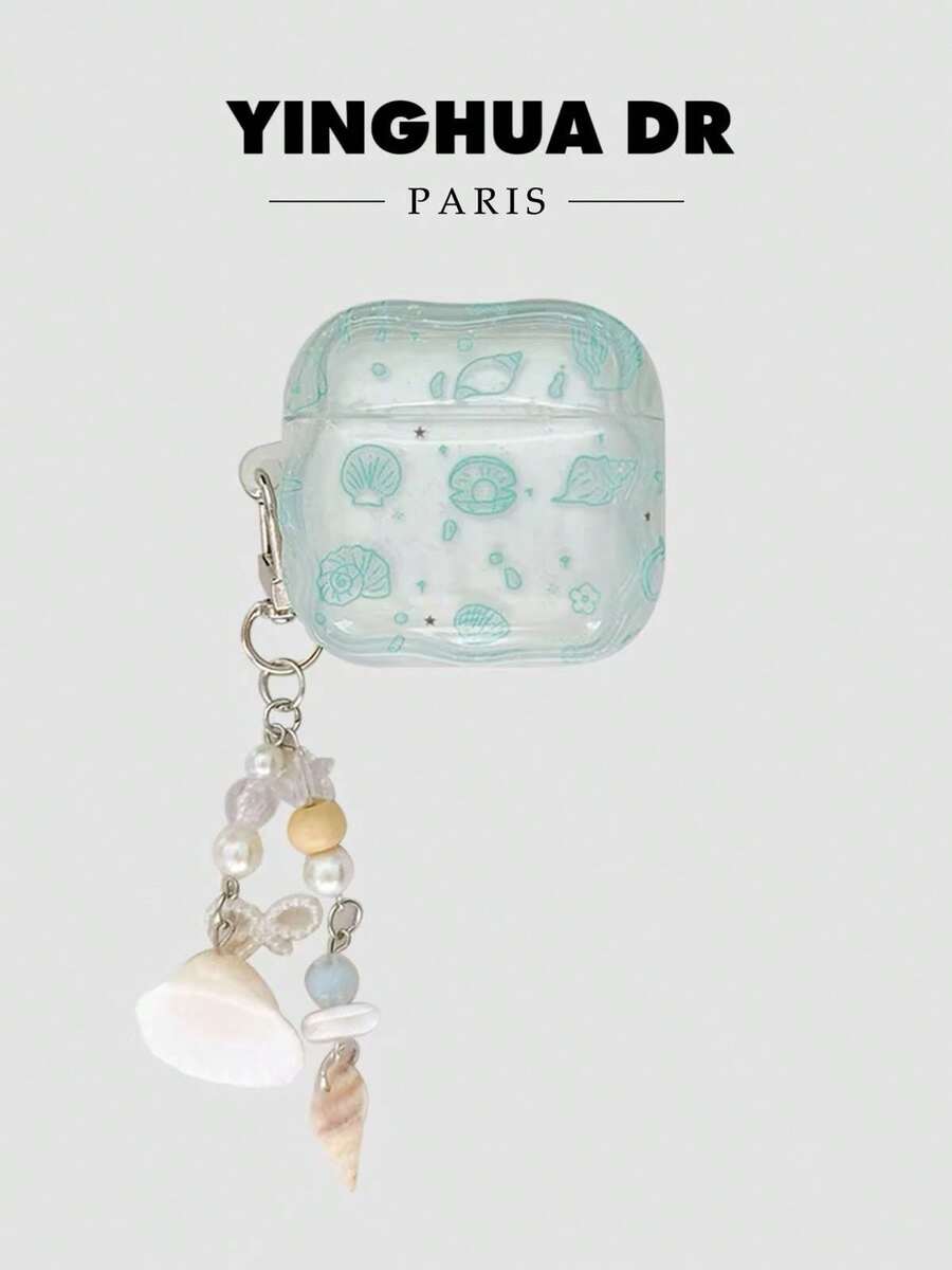 YINGHUA DR Fresh Shell Ocean Style Apple Bluetooth Earphone Case, Compatible With Apple 1st, 2nd, 3rd Generation Wireless Bluetooth Earphones, Wave Transparent Soft Shell Lightweight And Clear, Shell Body Printed With Light Blue Shell And Conch Line Pattern. Paired With Pearl And Natural Shell Beaded Chain, Full Of Summer Beach Vibes, Equipped With Metal Hook For Convenient Bag Carrying, Gentle And Healing, Balancing Earphone Protection And Fresh Outfit Decoration - Baby Blue - View 1