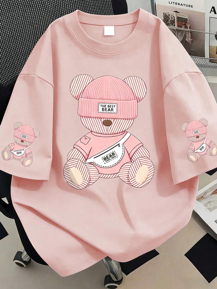 Plus Size Women's Bear Printed Round Neck T-Shirt,Suitable For Spring And Summer - Pink - View 1