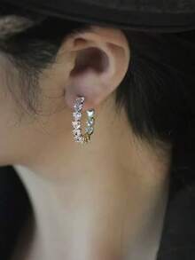 1 Pair Elegant Casual Glass Rhinestone Heart Hoop Earrings Suitable For Women's Party And Gathering - Silver - View 2
