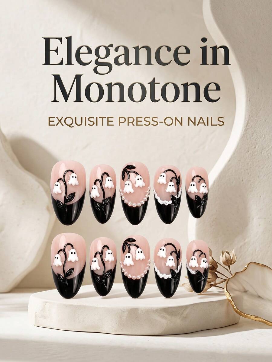 10 Pcs Almond Press-On Nails, Halloween Ghost Bell Flower Pearl Fake ...