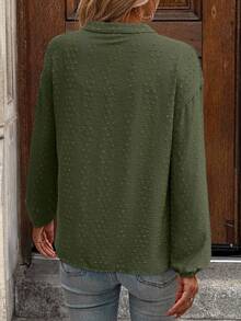 Women's Long Sleeve Button Front Patchwork Shirt, Casual Daily Wear Blouse - Army Green - View 2