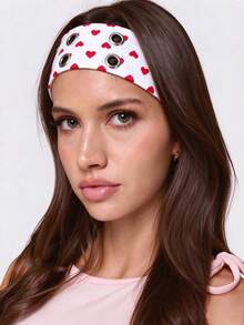 1pc Dopamine Heart Print Metal Eyelet Wide Headband, High Elastic Fabric Hollow Design Sweet Cool Girl Fashion Versatile Hair Accessory - Multicolor - View 3