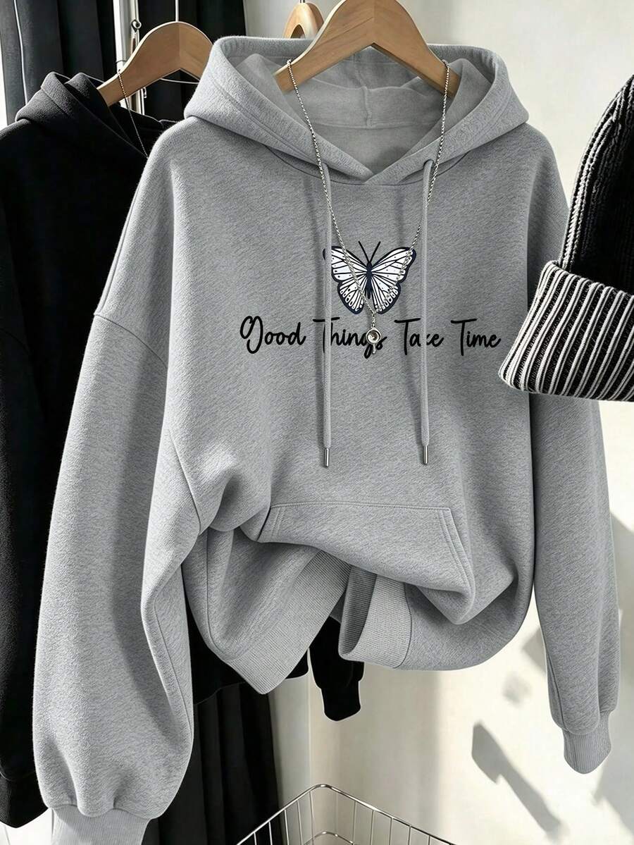 Plus-Size Women's Casual And Simple Butterfly Print Hoodie, With Drawstring And Pockets, Perfect For Everyday Street Style In Autumn And Winter. - Grey - View 1