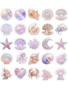 50Pcs Holographic Iridescent Ocean Shell Stickers, Mermaid Aesthetic Seashell Pearl Jellyfish Stickers, Waterproof Vinyl Stickers For Water Bottle, Laptop, Journal, Scrapbook, DIY Crafts - one-size - View 8