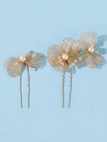 2pcs Elegant Flower & Faux Pearl Decor Bridal Hair Pin Set For Women Alloy Wire Mesh Floral Wedding Updo Hair Fork Accessories - Multicolor - View 12
