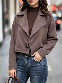 Women's Solid Notch Lapel Long Sleeve Belted Jacket Casual Preppy Business Office Work Home Daily Vacation Holiday Spring Fall Winter - Brown - View 8