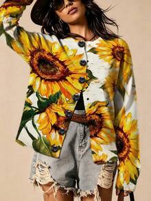 ASHKATIA Women's Plus-Size Vintage Cardigan Sweater,Bohemian Sunflower Pattern Fall Winter Knit For Social Occasions - Multicolor - View 1