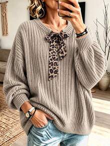 Women's Ribbed Knit Long-Sleeved Crewneck Sweater With Leopard Print Scarf, Autumn And Winter Fashion Basic Top - Apricot - View 1