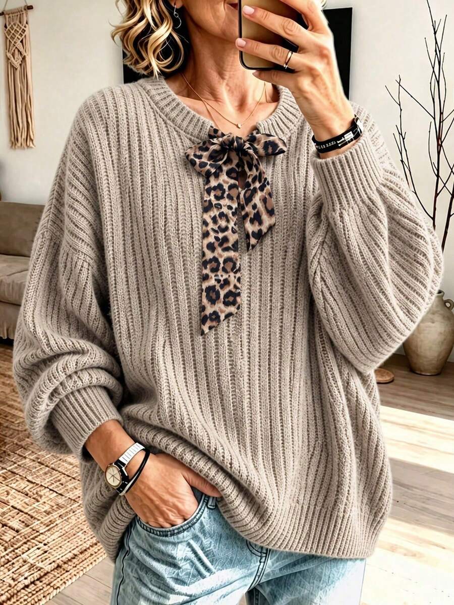 Women's Ribbed Knit Long-Sleeved Crewneck Sweater With Leopard Print Scarf, Autumn And Winter Fashion Basic Top - Apricot - View 1