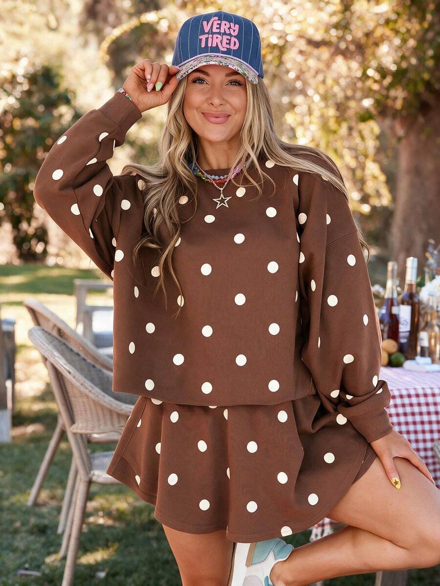 Acelitt Spring/Autumn Casual Polka Dot Print Crew Neck Loose Oversized Sweatshirt & Pants Set, Suitable For Daily Shopping, Outings And Vacations - Brown - View 1