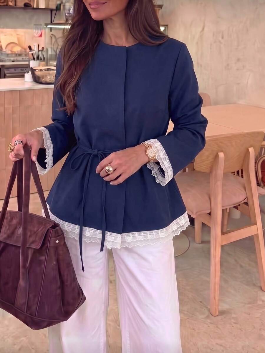 Ladies' Autumn Elegant Lace Splicing Belt Long Sleeve Jacket Office Vacation - Royal Blue - View 1