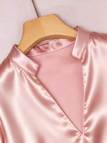Women's Elegant V-Neck Puff Sleeve Satin Blouse, Regular Fit, Suitable For Daily Commute And Office Wear - Coral Pink - View 5