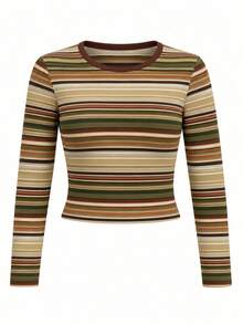 Women's Striped Colorblock Long Sleeve T-Shirt - Brown - View 6