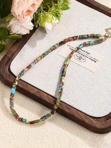 YAUKIA Fashionable Retro Imperial Jasper Chain Necklace, Natural Stone Simple Jewelry-Year-Round Versatile Unisex Accessory For Women & Men Daily Wear - Multicolor - View 2