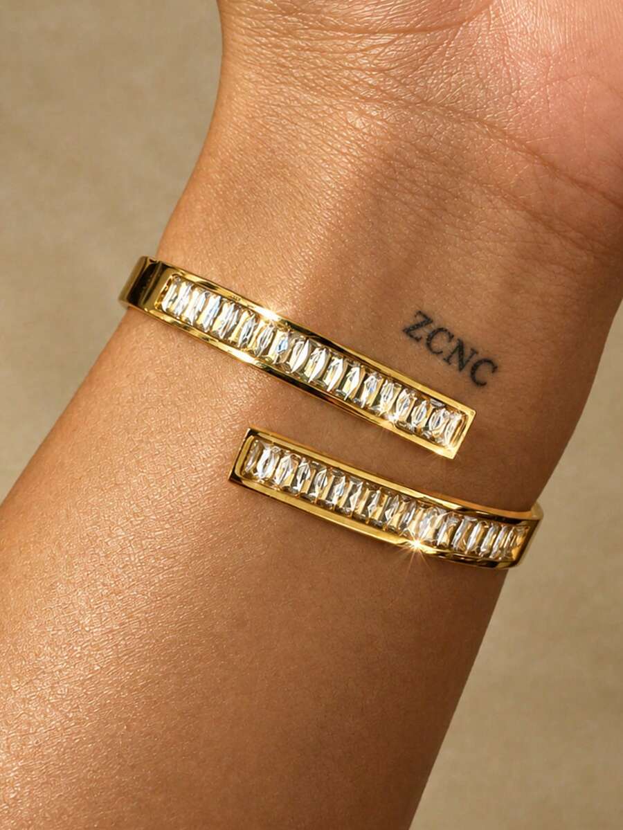 304 Stainless Steel Plated With 18K Gold, Square Elastic Open Cuff Bracelet With Full Rhinestones, Suitable For Women's Daily Wear, Party, Gathering, Holiday, Birthday, Also An Ideal Gift For Friends