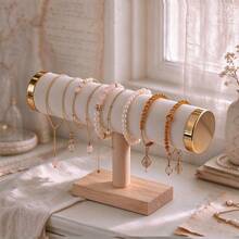 1pc Velvet Jewelry Display Stand, Bracelet, Bangle, Watch Storage Organizer, Gold Iron Frame With Solid Wood Base, Single Layer/3-Tier - Multicolor - View 10