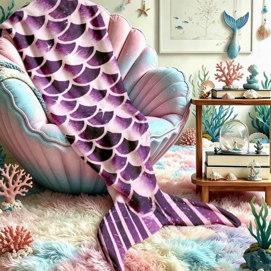 紫色-粉色漸層魚鱗美人魚尾可穿戴法蘭絨毯,夢幻星空印花披毯,居家沙發休閒保暖蓋毯 - 彩色 - 查看 1