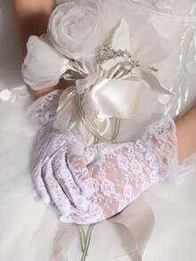 1 Pair Lace Embroidered Trim Full Finger Elegant Women's Gloves, Suitable For Wedding, Party, Birthday, Banquet, Performance - White - View 2
