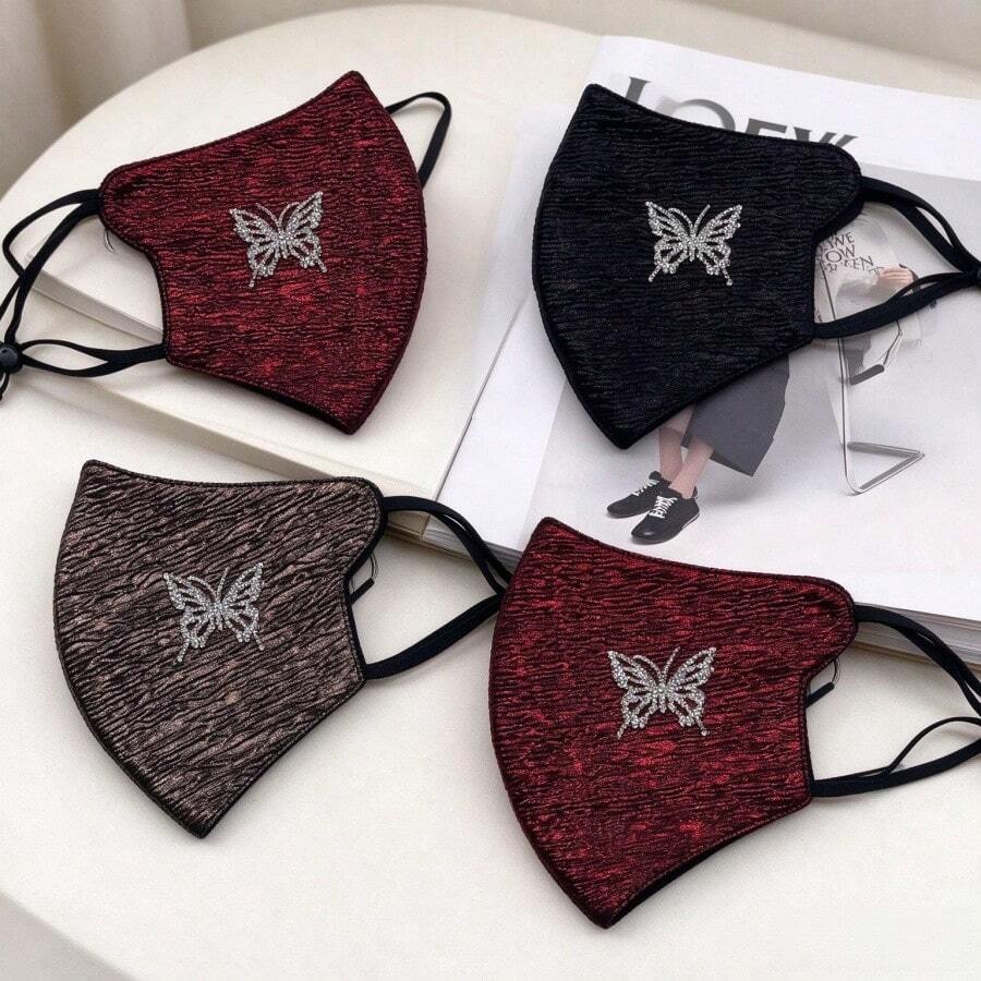 Chinese Style Shiny Silk Pleated Face Cover, Butterfly Rhinestone Decor Mask For Autumn Winter Windproof - Multicolor - View 1