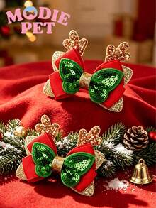 2pcs Christmas Deer Horn Dog Hair Clips, Bow Pet Hair Clips, Suitable For Small Cats And Dogs, Happy Kittens And Puppies - Multicolor - View 4