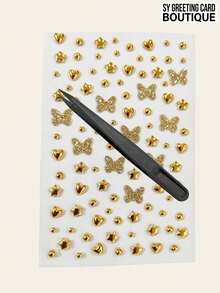 1pc Gold Butterfly Decorative Sticker, Glitter Butterfly Heart Star Pearl Combination Rhinestone Sticker, Metallic Texture Self-Adhesive Backing Decor, Luxury Style Decorative Material, Camera Shell Decoration Sticker, Phone Case Beautification Sticker, Gift Box Packaging Embellishment Sticker, Storage Box Shell Decoration Sticker, Hard Flat Surface Handmade Decoration Accessory Sticker - one-size - View 7