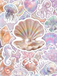 50Pcs Holographic Iridescent Ocean Shell Stickers, Mermaid Aesthetic Seashell Pearl Jellyfish Stickers, Waterproof Vinyl Stickers For Water Bottle, Laptop, Journal, Scrapbook, DIY Crafts - one-size - View 1