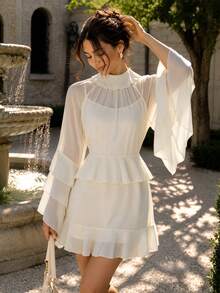 Perirose Women's Ivory Ruffle Chiffon Mini Dress, Romantic Fall Winter Outfit For Bridal Showers, Engagement Parties, Birthday Dinners And Holiday Events - Apricot - View 1
