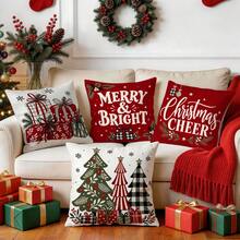 4pcs/1pc Christmas Red Background Gift Box Christmas Tree Cartoon Hand-Drawn Pattern Pillowcase, No Insert, Single-Sided Print Pillowcase, Suitable For Living Room Bedroom Home Decor, All Season Pillowcase - Multicolor 03 - View 8