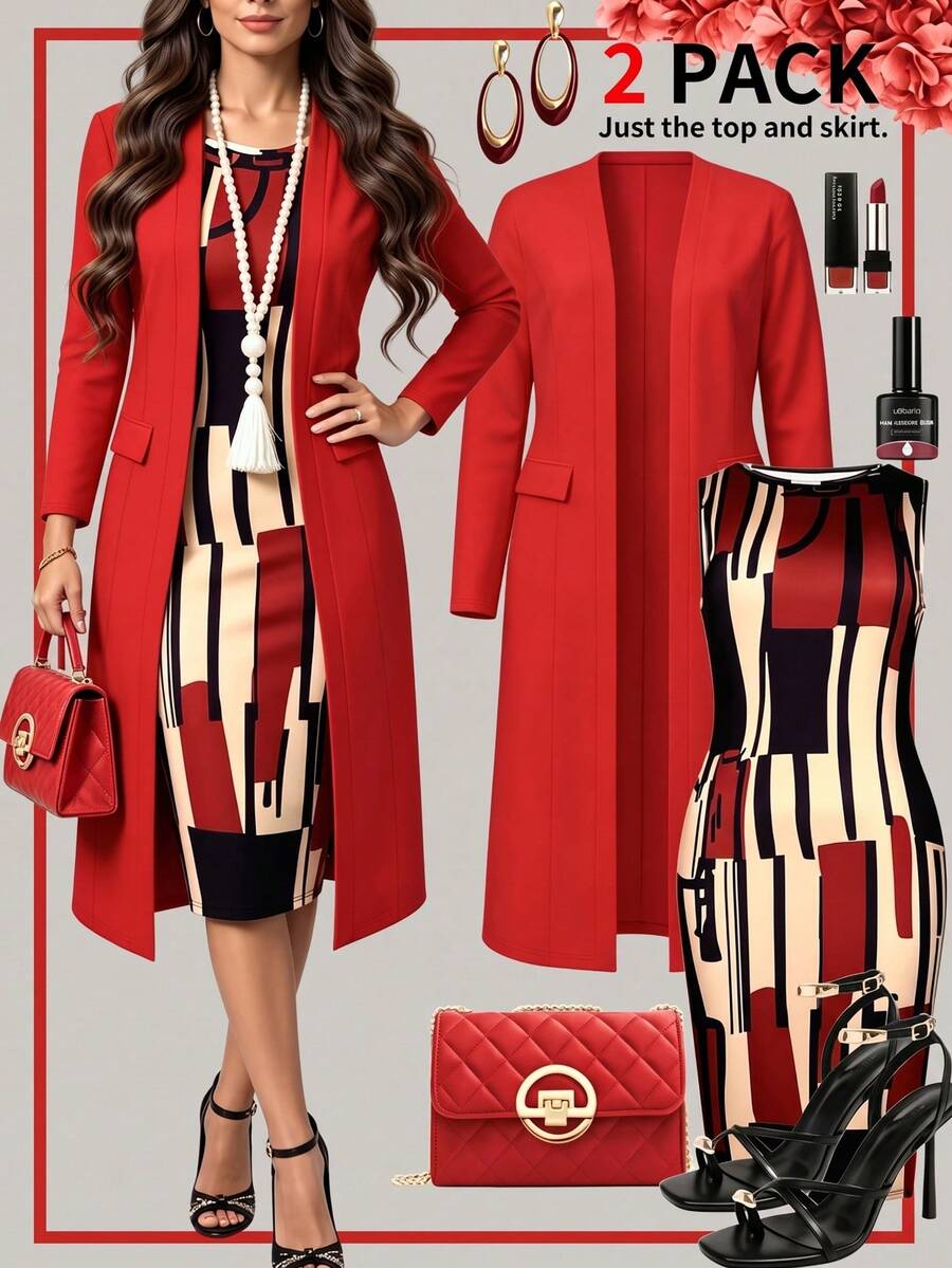 Women's Elegant 2 Pieces Set, Red Long Open-Front Blazer + Geometric Colorblock Print Round Neck Sleeveless Fitted Midi Dress, Commute & Party Outfit - Red - View 1