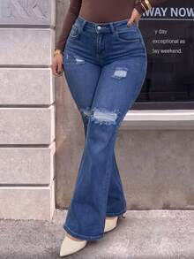 Quần jean denim nữ size lớn ống loe mài rách wash, co giãn vừa, dáng dài, chi tiết râu mèo, thời trang và thoải mái, phù hợp mặc mùa thu - Màu xanh lam - Xem 6