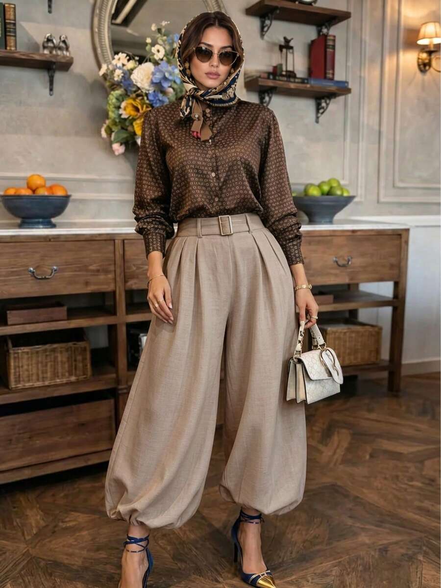 بنطلون نسائي كاجوال متعدد الاستخدامات بساق مطوية وضيقة للارتداء اليومي - كاكي - مشاهدة 1