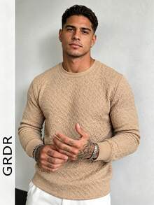 GRDR Men's Crew Neck Textured Jacquard Long Sleeve T-Shirt, Solid Color Ribbed Cuffs Casual Pullover Top - Apricot - View 3