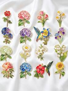 10pcs Random Style Floral & Hummingbird Brooch Set, Assorted Flower & Bird Designs, Versatile Decorative Accessories For Coats, Shawls, Blazers - 10pcs Random Styles - View 3