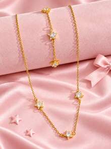 2件組女孩金色亮面花朵項鍊與手鍊套組，透明石墜飾，兒童飾品，適合生日派對、聖誕禮物、日常配戴，可愛風格 - 金色 - 查看 3