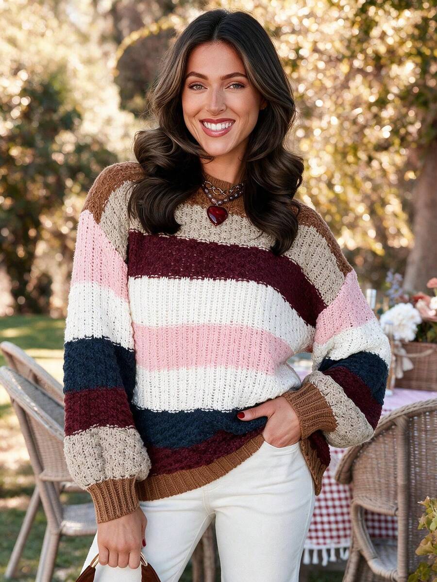 Acelitt Women's Striped Colorblock Pullover Sweater, Long Sleeve Knit Top With Ribbed Trim, Suitable For Spring And Autumn - Multicolor - View 1