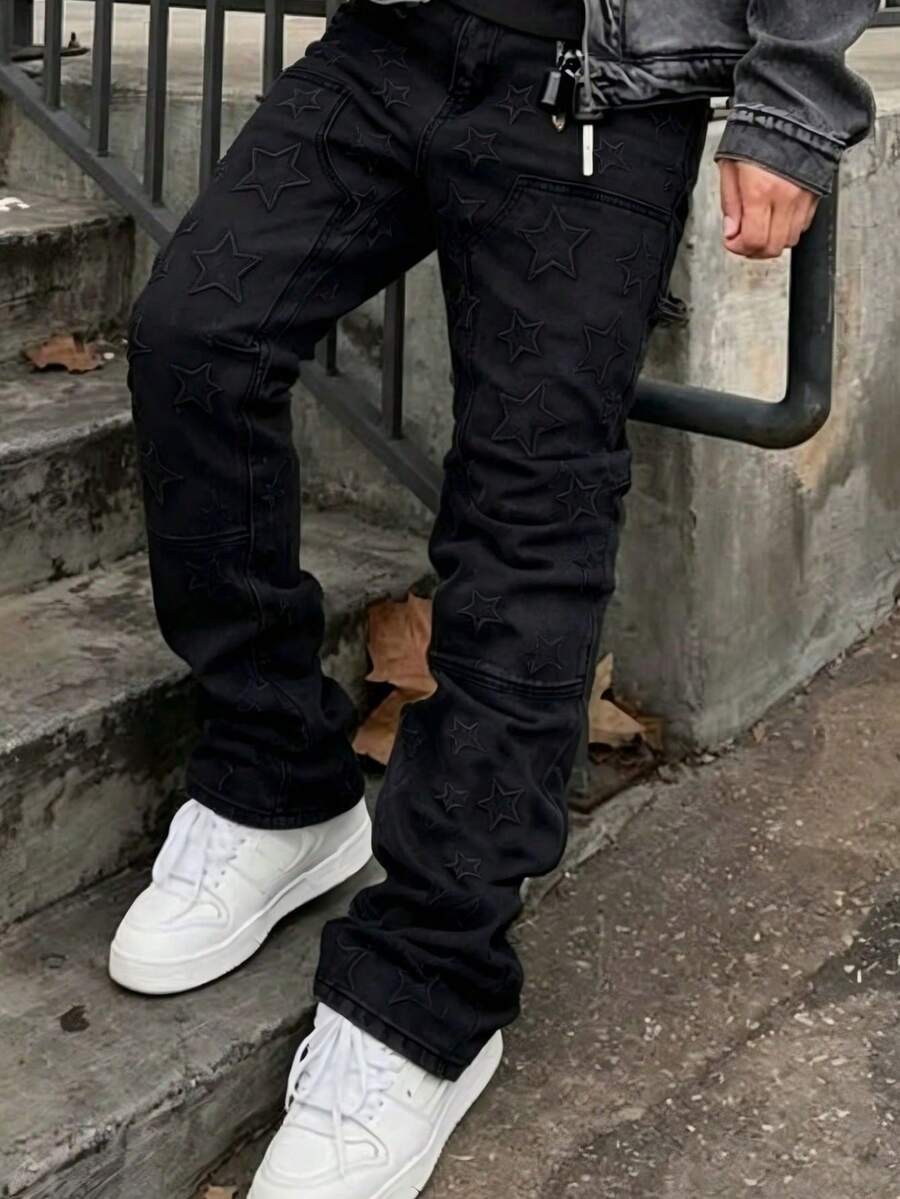Men's Streetwear Washed Stretch Slim Fit Bootcut Pants With Star Pattern Embroidery, Suitable For Concerts, Parties And Gatherings - Black - View 1