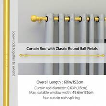 Classic Ball Finial Metal Curtain Rod/Roman Rod, Adjustable Length, 0.748 Inch Single Rod Curtain Track Set, Fits 1m, 2m, 3 Meters Windows, Suitable For Living Room, Bedroom, Hotel Blackout Curtain Rod/Sunshade Rod/Sheer Curtain Rod, Wall-Mounted Installation, Sturdy And Durable, Black, White, Gold, Silver Optional. Modern Minimalist Style - Multicolor - View 26
