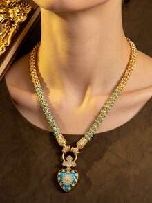 Vintage Floral Heart-Shaped Necklace And Earrings, Suitable For Women's Daily Commute And Gift-Giving, High-End Gift For Girlfriend And Best Friend - Multicolor - View 2