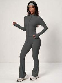 PinkTip Butt-Lifting Slimming Soft Long Pants, Fitness Workout Running Yoga Pilates Jacket And Long Pants Set Sports - Dark Grey - View 6