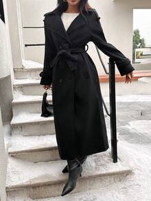 LEILEIBEI 秋冬新款女式歐美風時尚經典雙排扣風衣外套 黑色 - 黑色 - 查看 1